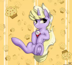 Size: 3000x2700 | Tagged: safe, artist:redvais, derpibooru import, dinky hooves, pony, unicorn, abstract background, drinking straw, explicit source, female, filly, food, frog (hoof), juice, juice box, muffin, on back, rcf community, solo, underhoof