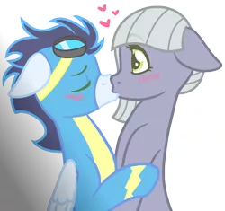Size: 738x694 | Tagged: safe, artist:razorbladetheunicron, derpibooru import, limestone pie, soarin', earth pony, pegasus, pony, lateverse, base used, blushing, crack shipping, cute, duo, eyes closed, female, floppy ears, gradient background, heart, kissing, limin', love, male, mare, romance, shipping, stallion, straight, surprise kiss, surprised, wide eyes