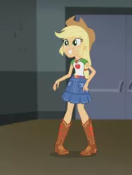 Size: 1536x2048 | Tagged: safe, derpibooru import, screencap, applejack, equestria girls, equestria girls series, fluttershy's butterflies, boots, clothes, cowboy boots, fluttershy's butterflies: applejack, freckles, geode of super strength, magical geodes, shoes, smiling, solo