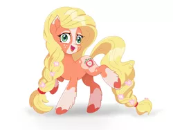 Size: 1200x900 | Tagged: safe, artist:chautung, derpibooru import, applejack, earth pony, pony, leak, spoiler:g5, applejack (g5), blaze (coat marking), braid, coat markings, female, flower, flower in hair, flower in tail, freckles, g5, mare, raised leg, simple background, smiling, socks (coat marking), solo, white background