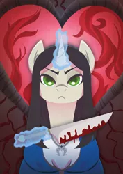 Size: 707x1000 | Tagged: semi-grimdark, artist:robbiecave, derpibooru import, ponified, pony, unicorn, alice in wonderland, alice liddell, alice madness returns, american mcgee's alice, blood, clothes, crossover, knife, levitation, looking at you, magic, scowl, solo, telekinesis, video game