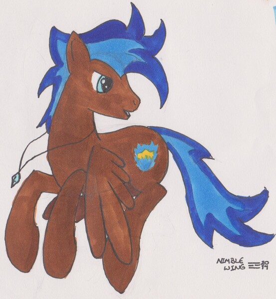 Size: 1762x1912 | Tagged: safe, artist:☲, derpibooru import, oc, oc:nimble wing, unofficial characters only, pegasus, pony, flying, jewelry, looking back, male, necklace, solo, spread wings, wings