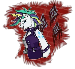 Size: 2596x2387 | Tagged: safe, artist:stormblaze-pegasus, derpibooru import, rarity, pony, unicorn, it isn't the mane thing about you, abstract background, alternate hairstyle, bracelet, clothes, ear piercing, earring, female, jacket, jewelry, leather jacket, mare, open mouth, piercing, punk, raripunk, solo, spiked wristband, studded bracelet, wristband