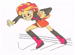 Size: 2338x1700 | Tagged: safe, artist:artofmagicpoland, derpibooru import, sunset shimmer, equestria girls, equestria girls (movie), boots, clothes, high heel boots, jacket, leather jacket, shoes, skirt, solo, traditional art