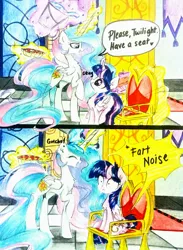 Size: 2322x3165 | Tagged: safe, artist:liaaqila, derpibooru import, princess celestia, twilight sparkle, twilight sparkle (alicorn), alicorn, pony, :<, :c, bucket, chair, chest fluff, cute, cutelestia, descriptive noise, eye contact, eyes closed, fart noise, female, fluffy, food, frown, gotcha, height difference, image, incoming prank, jpeg, laughing, leg fluff, levitation, lidded eyes, looking at each other, looking up, magic, mare, okay, onomatopoeia, open mouth, pie, pouring, prank, raised hoof, raised leg, shrunken pupils, sillestia, silly, silly pony, sitting, smiling, sound effects, surprised, telekinesis, throne, traditional art, trollestia, twiabetes, wall of tags, water, whoopee cushion, wide eyes, wing fluff