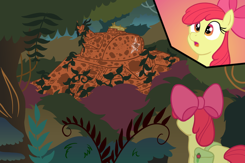 Size: 1800x1200 | Tagged: abandoned, apple bloom, artist:regularmouseboy, derpibooru import, everfree forest, rusty, safe, solo, tank (vehicle), vine, world war ii