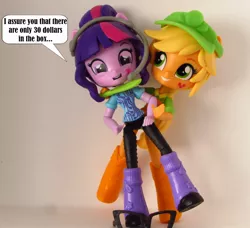 Size: 822x750 | Tagged: safe, artist:whatthehell!?, derpibooru import, applejack, sci-twi, twilight sparkle, equestria girls, boots, clothes, doll, equestria girls minis, glasses, grimderp, hat, headphones, irl, knife, photo, shoes, toy
