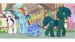 Size: 1280x727 | Tagged: safe, artist:re-sublimity-kun, derpibooru import, rainbow dash, rarity, oc, oc:poison trail, pegasus, pony, tentacle monster, it isn't the mane thing about you, alternate hairstyle, commission, female, leash, male, mare, pet, ponyville, punk, question mark, raised hoof, raripunk, scared, stallion, tentacles
