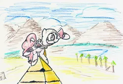 Size: 1280x877 | Tagged: safe, artist:shoeunit, derpibooru import, pinkie pie, earth pony, pony, assassin's creed, clothes, female, hood, mare, mountain, pyramid, solo, traditional art
