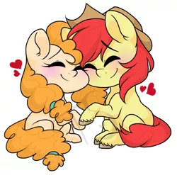 Size: 2779x2749 | Tagged: safe, artist:twisted-sketch, derpibooru import, bright mac, pear butter, earth pony, pony, the perfect pear, applejack's parents, blushing, brightbutter, chibi, cowboy hat, cute, eyes closed, female, hat, heart, male, mare, shipping, simple background, smiling, stallion, stetson, straight, watermark, white background