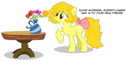 Size: 1335x653 | Tagged: artist:dosey--doe, bow, derpibooru import, flower, flower in mouth, mouth hold, oc, oc:butterscotch (robiinart), raised hoof, safe, simple background, speech, table, tail bow, talking, transparent background, unofficial characters only, vase