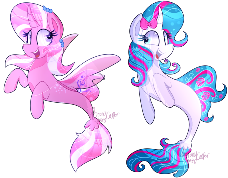 Size: 1024x798 | Tagged: artist:lynchristina, derpibooru import, oc, oc:ashley h, oc:pinkie rose, safe, seaponified, seapony (g4), species swap, unofficial characters only