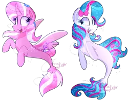 Size: 1024x798 | Tagged: artist:lynchristina, derpibooru import, oc, oc:ashley h, oc:pinkie rose, safe, seaponified, seapony (g4), species swap, unofficial characters only