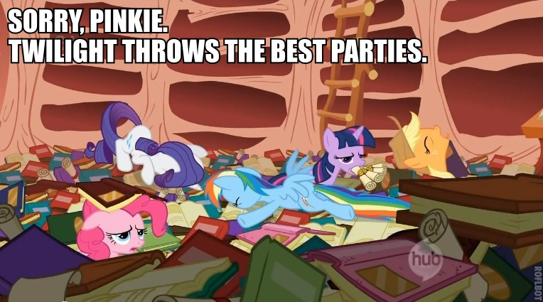 Size: 764x425 | Tagged: a mouth full of scrolls, applejack, book, caption, derpibooru import, drunk, edit, edited screencap, golden oaks library, high, hub logo, image macro, library, out of context, party, party hard, pinkie pie, rainbow dash, rarity, safe, screencap, season 1, sonic rainboom (episode), stoned, stoner, text, twilight sparkle