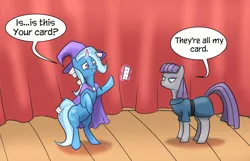 Size: 2179x1400 | Tagged: safe, artist:paleheart-arts, deleted from derpibooru, derpibooru import, maud pie, trixie, earth pony, pony, unicorn, cape, card, clothes, hat, magic, trixie's cape, trixie's hat