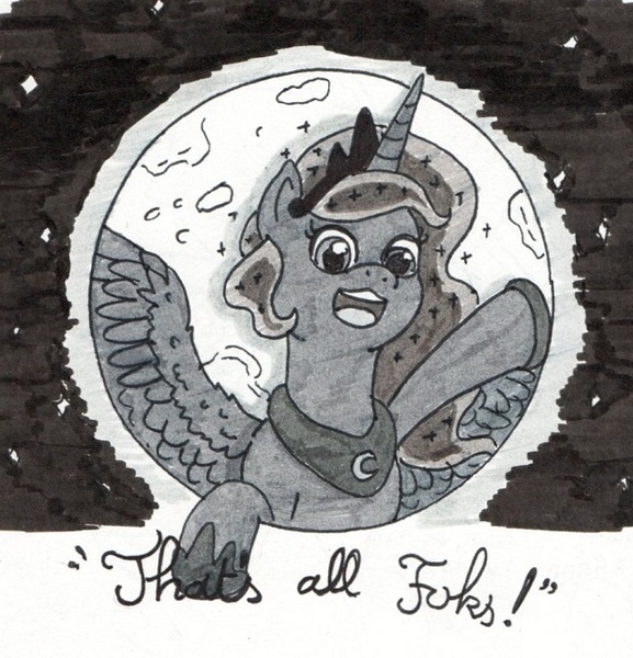 Size: 619x644 | Tagged: safe, artist:kuroneko, derpibooru import, princess luna, alicorn, pony, grayscale, monochrome, moon, night, raised hoof, solo, that's all folks, traditional art