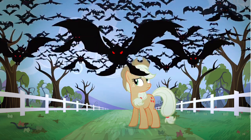 Size: 1281x719 | Tagged: safe, derpibooru import, screencap, applejack, bat, earth pony, fruit bat, pony, vampire fruit bat, bats!, apple orchard, bare tree, female, mare, orchard, red eyes, silhouette, stop the bats, tree