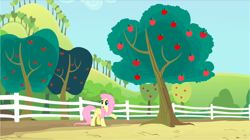 Size: 1282x722 | Tagged: safe, derpibooru import, screencap, fluttershy, pegasus, pony, bats!, apple, apple orchard, apple tree, fence, orchard, raised hoof, solo, tree