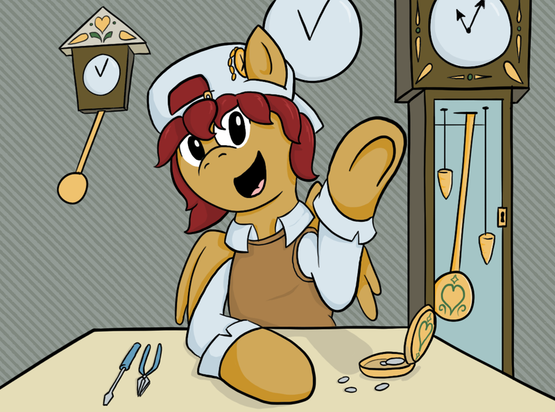 Size: 1148x851 | Tagged: safe, artist:cobaltsketch, derpibooru import, oc, oc:tick tick, unofficial characters only, pegasus, pony, twilight sparkle's secret shipfic folder, baseball cap, cap, clock, female, grandfather clock, hat, pliers, pocket watch, screwdriver, solo, sweater vest, table