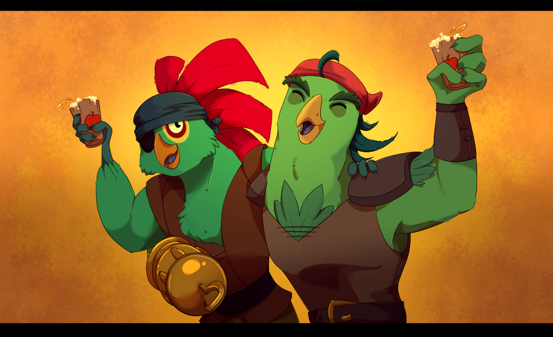 Size: 1034x631 | Tagged: armpits, artist:gamblingfoxinahat, bandana, bird, boyle, clothes, cup, derpibooru import, drink, eyepatch, eyes closed, mullet (character), my little pony: the movie, parrot pirates, pirate, safe, smiling