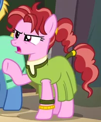 Size: 592x710 | Tagged: safe, derpibooru import, screencap, mosiah, pepperberry (g4), earth pony, pony, daring done?, background pony, clothes, cropped, dress, female, mare, raised hoof, solo focus, somnambula resident, tail wrap