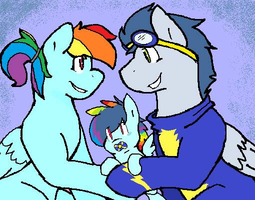 Size: 510x400 | Tagged: safe, artist:sapphireshy, derpibooru import, rainbow dash, soarin', oc, oc:pearl blast, pegasus, pony, alternate hairstyle, baby, baby pony, clothes, family, female, filly, male, mare, offspring, pacifier, parent:rainbow dash, parent:soarin', parents:soarindash, ponytail, shipping, soarindash, stallion, straight, uniform, wonderbolts uniform