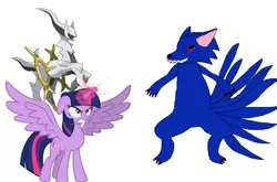 Size: 1552x1024 | Tagged: safe, derpibooru import, twilight sparkle, twilight sparkle (alicorn), alicorn, arceus, pony, angry, crossover, female, gritted teeth, kyuubi, mare, pokémon, sharp teeth, simple background, sonic the hedgehog, sonic the hedgehog (series), sonic.exe, spread wings, teeth, vector, white background, why, wings