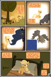 Size: 3254x4837 | Tagged: safe, artist:gutovi, derpibooru import, applejack, princess luna, alicorn, earth pony, pony, comic:why me!?, apple, apple tree, bed, bucket, comic, dream, flashback, food, sunset, sweet apple acres, tree