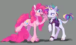 Size: 2844x1671 | Tagged: safe, artist:xenon, derpibooru import, pinkie pie, rarity, classical unicorn, earth pony, pony, unicorn, it isn't the mane thing about you, alternate hairstyle, bracelet, chest fluff, clothes, cloven hooves, colored hooves, duo, eyelashes, female, gray background, horn, jacket, jewelry, leonine tail, long tail, mare, poofy pie, punk, raripunk, simple background, spiked wristband, studded bracelet, unshorn fetlocks, wristband