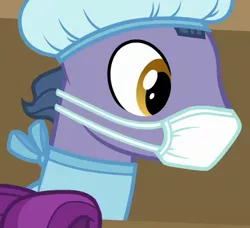 Size: 418x382 | Tagged: safe, derpibooru import, screencap, unnamed character, unnamed pony, pony, where the apple lies, clothes, cropped, hair net, scrubs (gear), solo, surgical mask