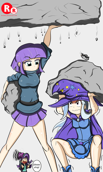 Size: 1500x2500 | Tagged: safe, artist:ryured, derpibooru import, boulder (pet), maud pie, starlight glimmer, trixie, human, equestria girls, beanie, cigarette, clothes, cloud, dialogue, dress, equestria girls outfit, female, hat, human coloration, humanized, legs, lifting, pleated skirt, rock, skirt, skirt lift, smoking, speech, speech bubble, sunglasses, talking, trixie's hat, upskirt denied