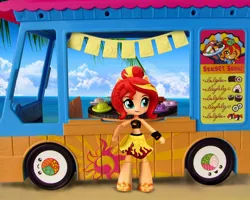 Size: 1024x819 | Tagged: safe, artist:whatthehell!?, derpibooru import, edit, sunset shimmer, equestria girls, beach, bracelet, clothes, doll, equestria girls minis, food, irl, japanese, jewelry, menu, midriff, photo, sandals, sky, sunset sushi, sushi, swimsuit, toy, truck