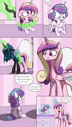 Size: 3000x5300 | Tagged: safe, artist:skitter, derpibooru import, princess cadance, princess flurry heart, queen chrysalis, alicorn, changeling, changeling queen, pony, comic:change of heart (skitter), age regression, baby, baby pony, comic, crib, disguise, disguised changeling, fake cadance, female, impostor, levitation, magic, telekinesis, transformation