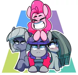 Size: 2125x2049 | Tagged: safe, artist:sourspot, derpibooru import, limestone pie, marble pie, maud pie, pinkie pie, earth pony, pony, :<, blushing, eyes closed, female, grin, grumpy, mare, pie sisters, siblings, sisters, smiling, unamused, wavy mouth