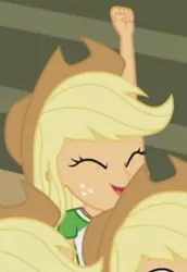 Size: 271x395 | Tagged: safe, derpibooru import, part of a set, applejack, equestria girls, equestria girls series, applejack audience, clones, cropped, fist, fluttershy's butterflies: applejack, happy, jackletree, multeity, part of a series, smiling, yay