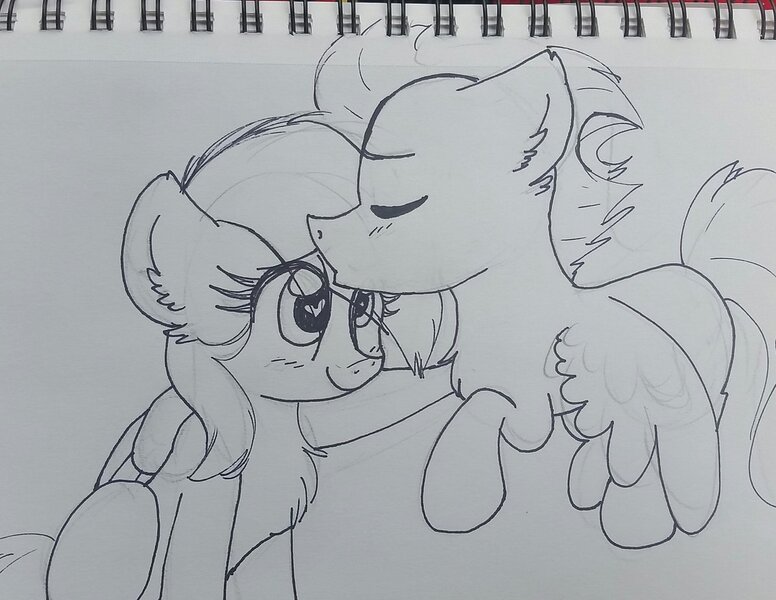 Size: 1200x928 | Tagged: safe, artist:littleblackraencloud, derpibooru import, rainbow dash, soarin', pony, female, forehead kiss, heart eyes, kissing, male, meta, monochrome, shipping, sketch, soarindash, straight, traditional art, twitter, wingding eyes