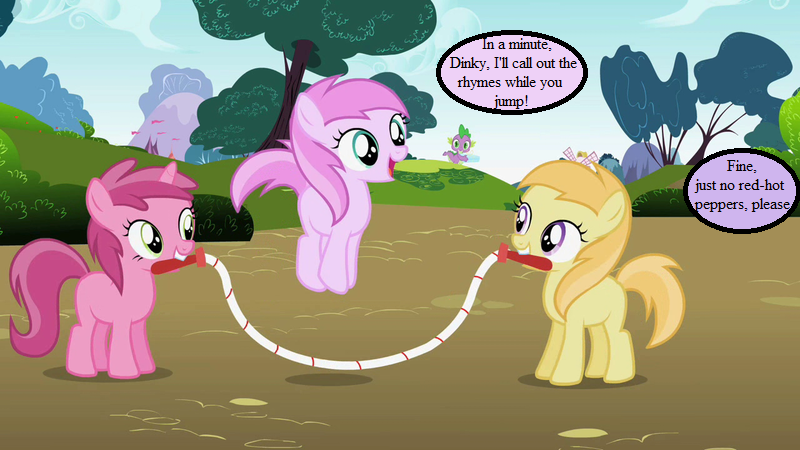 Size: 800x450 | Tagged: caption, cute, derpibooru import, dialogue, edit, edited screencap, image macro, implied dinky, jump rope, lesson zero, meme, mouth hold, noi, noiabetes, piña colada, piña cutelada, pinchybetes, ruby pinch, safe, screencap, speech bubble, spike, text