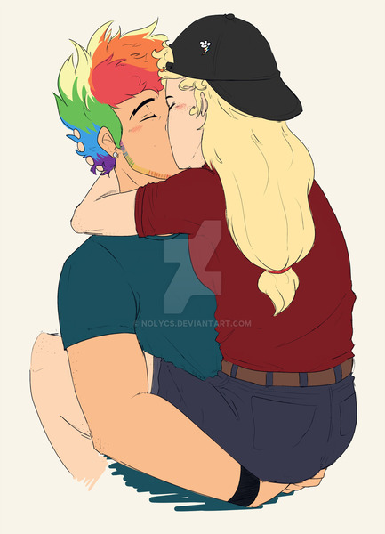 Size: 1024x1418 | Tagged: safe, artist:nolycs, derpibooru import, applejack, rainbow dash, human, appleblitz (straight), appledash, cap, clothes, ear piercing, eyes closed, female, half r63 shipping, hat, humanized, jeans, kissing, male, multicolored hair, pants, piercing, rainbow blitz, rule 63, shipping, shirt, shorts, straight, watermark