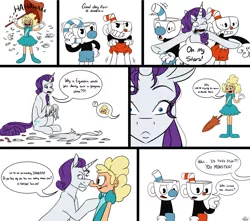 Size: 2825x2500 | Tagged: safe, artist:ggchristian, derpibooru import, rarity, pony, clothes, comic, crossover, cuphead, cuphead (character), dress, fashion disaster, high res, mugman, sally stageplay, umbrella