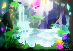 Size: 800x566 | Tagged: artist:ii-art, cave, derpibooru import, gem, glowing gems, maud's cave, no pony, rock solid friendship, safe, scenery, water, waterfall