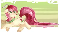 Size: 1600x872 | Tagged: safe, artist:prjanik, derpibooru import, roseluck, earth pony, pony, :<, abstract background, behaving like a cat, collar, colored pupils, cute, cyrillic, digital art, female, floppy ears, long tail, lying, lying down, mare, pet tag, pony pet, prone, purring, rosepet, russian, solo, underhoof