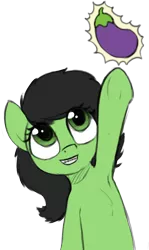 Size: 508x854 | Tagged: safe, artist:smoldix, derpibooru import, oc, oc:anonfilly, unofficial characters only, 🍆, armpits, braces, chest fluff, eggplant, euphemism, female, filly, food, grin, looking up, raised hoof, raised leg, simple background, smiling, solo, transparent background, underhoof