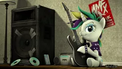 Size: 1920x1080 | Tagged: safe, artist:jarg1994, artist:jdash, derpibooru import, rarity, pony, unicorn, it isn't the mane thing about you, 3d, alternate hairstyle, clothes, electric guitar, female, guitar, guitarity, mare, musical instrument, poster, punk, raripunk, smiling, solo, source filmmaker, wallpaper