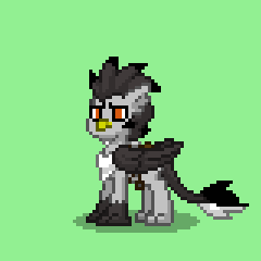 Size: 240x240 | Tagged: safe, derpibooru import, oc, oc:gordon (griffon), unofficial characters only, gryphon, pony, pony town, bag, beak, bushy tail, chest tuft, claws, dark feathers, male, obscured object, orange eyes, paws, pixel art, pouch, serious, serious face, sprite, tail, tufts, wings