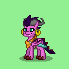 Size: 240x240 | Tagged: safe, derpibooru import, oc, oc:caldera (dragon), unofficial characters only, dragon, pony, pony town, blue eyes, ear piercing, earring, fangs, female, horns, jewelry, neckerchief, piercing, pixel art, spiked tail, spikes, sprite, sword, tail, weapon, wings