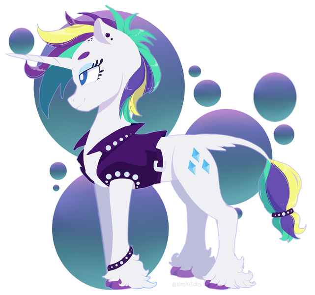 Size: 1703x1594 | Tagged: safe, artist:ximsketchs, derpibooru import, rarity, classical unicorn, pony, unicorn, it isn't the mane thing about you, abstract background, alternate hairstyle, clothes, cloven hooves, ear piercing, female, jacket, leather jacket, leonine tail, mare, piercing, punk, raripunk, smiling, solo, unshorn fetlocks