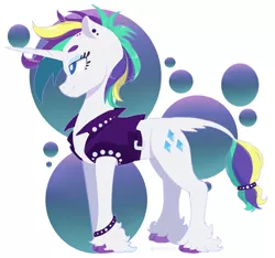 Size: 1703x1594 | Tagged: safe, artist:ximsketchs, derpibooru import, rarity, classical unicorn, pony, unicorn, it isn't the mane thing about you, abstract background, alternate hairstyle, clothes, cloven hooves, ear piercing, female, jacket, leather jacket, leonine tail, mare, piercing, punk, raripunk, smiling, solo, unshorn fetlocks