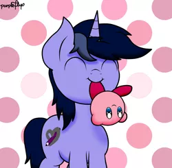 Size: 1567x1536 | Tagged: safe, artist:kimjoman, derpibooru import, oc, oc:purple flix, unofficial characters only, unicorn, abstract background, cute, eyes closed, happy, kirby, kirby (character), looking up, male, mouth hold, ocbetes, smol, solo, stars, wingding eyes