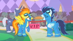 Size: 1280x720 | Tagged: safe, derpibooru import, screencap, blue moon (g4), cloud kicker, derpy hooves, lightning bolt, lyra heartstrings, soarin', spitfire, white lightning, pegasus, pony, the best night ever, apple, apple pie, clothes, duo, food, mouth hold, pie, raised hoof, uniform, wonderbolts, wonderbolts uniform