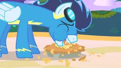 Size: 1280x720 | Tagged: safe, derpibooru import, screencap, soarin', pony, the best night ever, apple, apple pie, chubby cheeks, clothes, eating, food, pie, solo, that pony sure does love pies, uniform, wonderbolts uniform